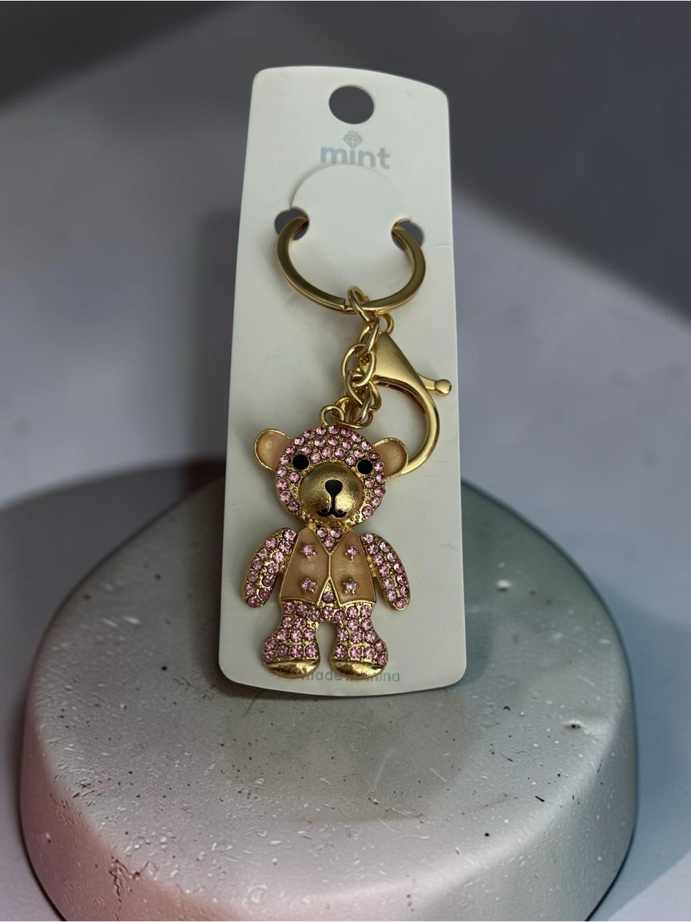 Mint Pink Rhinestone Teddy Bear Keychain Bag Charm Gold Tone Purse Charm